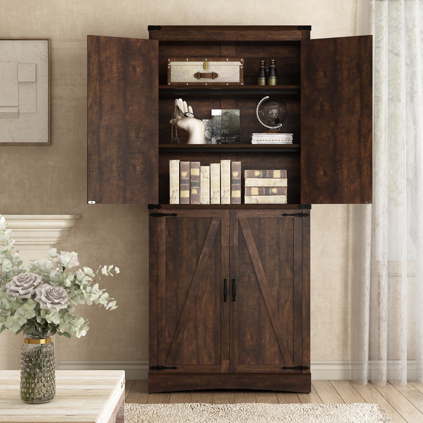 71" Tall Farmhouse Kitchen Pantry Cabinet, 5 Layers Storage Cabinet with Adjustable Shelves, Farmhouse Pantry Cabinet with 4 Barn Doors for Kitchen, Dining Room, Bathroom, Living Room, Rustic White