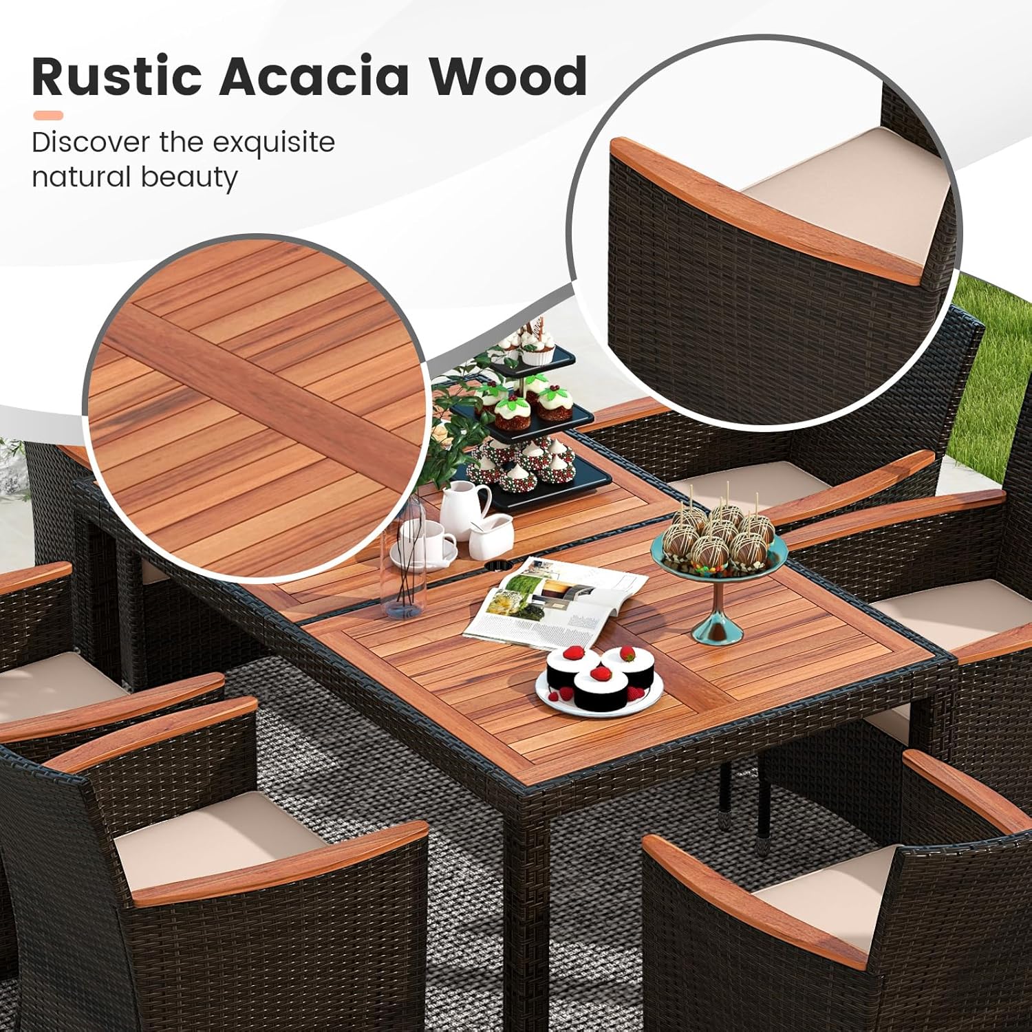 GIANTEX Garden Furniture Set for 6 People in Rattan and Acacia Wood, Outdoor Garden Table with 6 Chairs, Cushions, Parasol Hole, Adjustable Feet, for Courtyard, Picnic, Brown