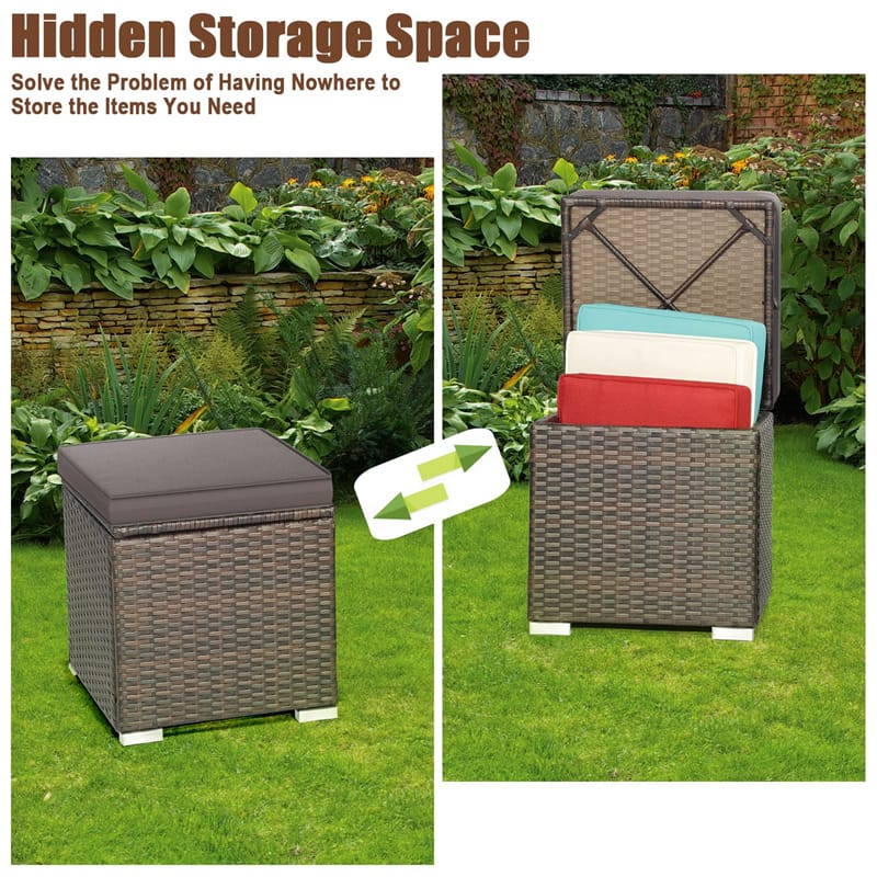2PCS Wicker Outdoor Storage Ottomans with Removable Cushions, Multipurpose PE Rattan Footrest Side Table - Product image 25