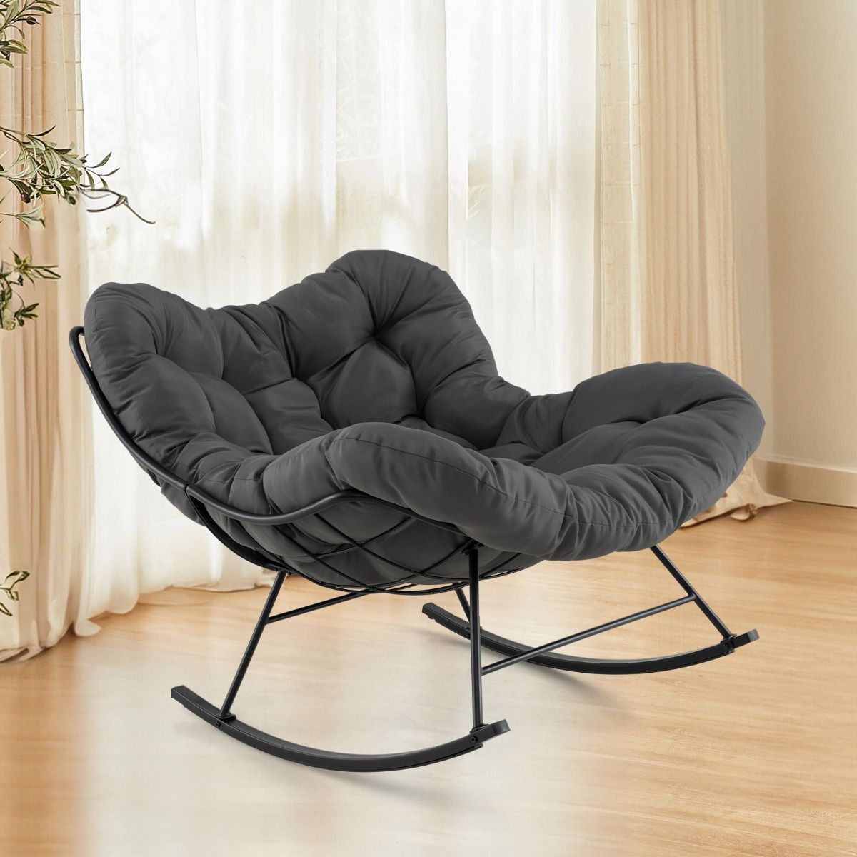 Indoor and Outdoor Rocking Chair Oversized Papasan Chair with Padded Cushion & Metal Frame Capacity 205 Kg Gray -