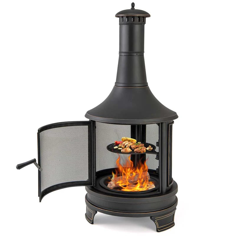 Outdoor Wood Burning Chiminea Fire Pit for Patio Backyard BBQ, 30 Inch Metal Fireplace with Grill - Product image 2