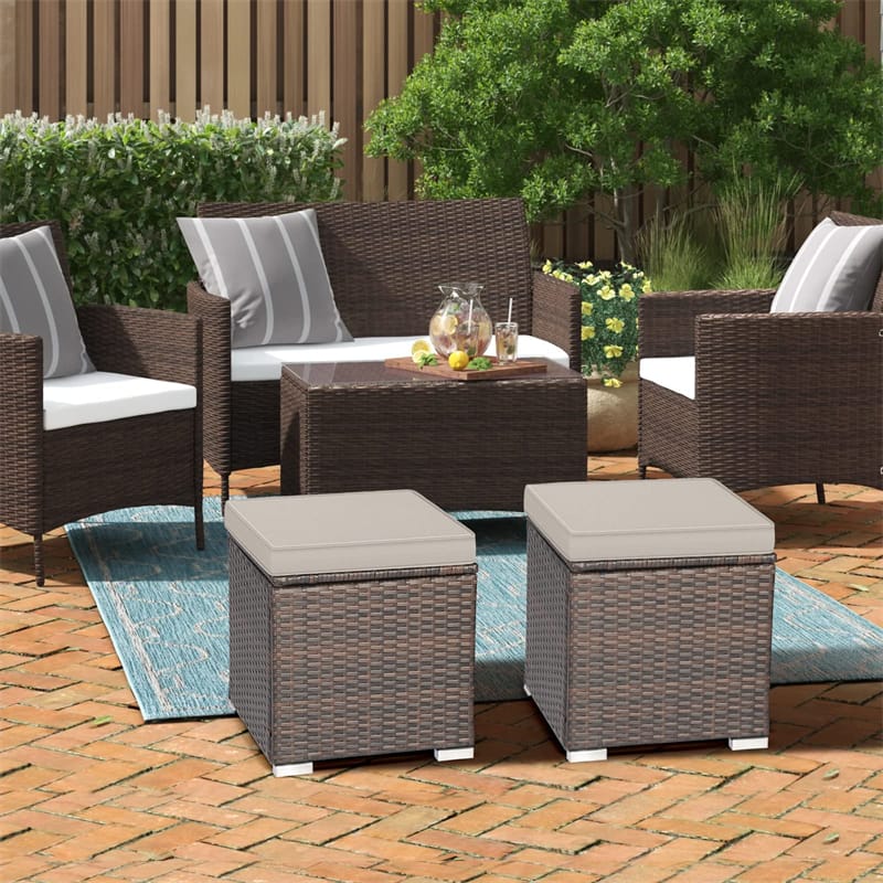 2PCS Wicker Outdoor Storage Ottomans with Removable Cushions, Multipurpose PE Rattan Footrest Side Table - Product image 9
