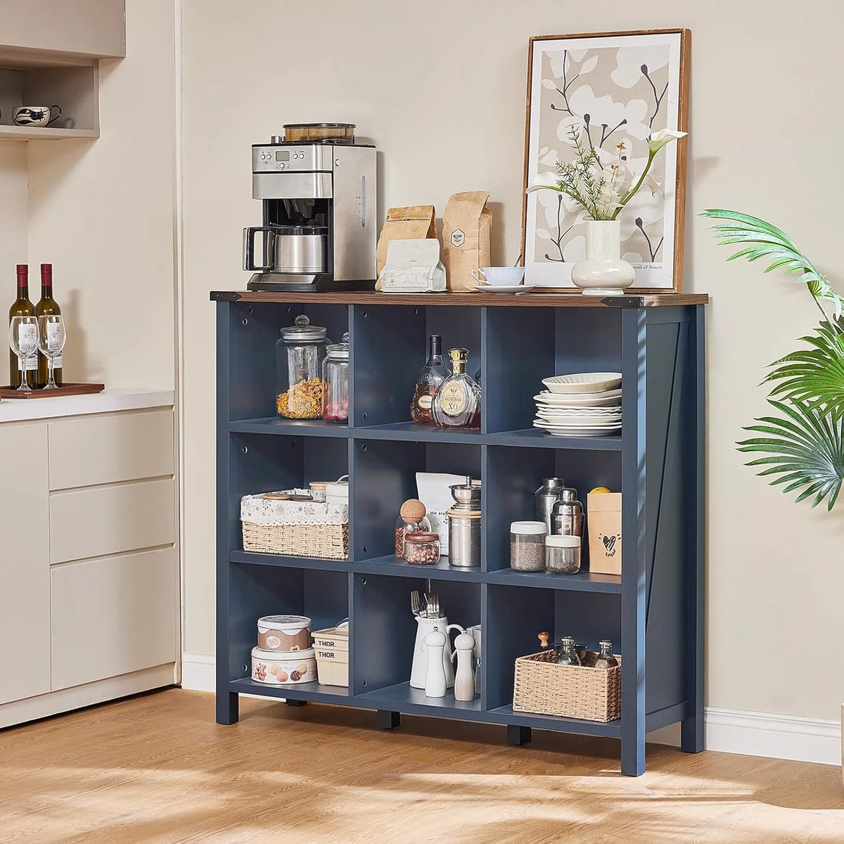 9 Cube Bookcase, Farmhouse 47 in Wide Navy Blue Bookshelf, Wooden 3 Tier Display Large Open Book Shelf - Product image 8