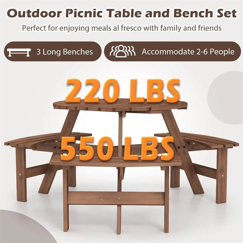 6-Person Round Wood Picnic Table Set with 3 Built-in Benches & 2" Umbrella Hole, Holds 1850 LBS - Product image 5