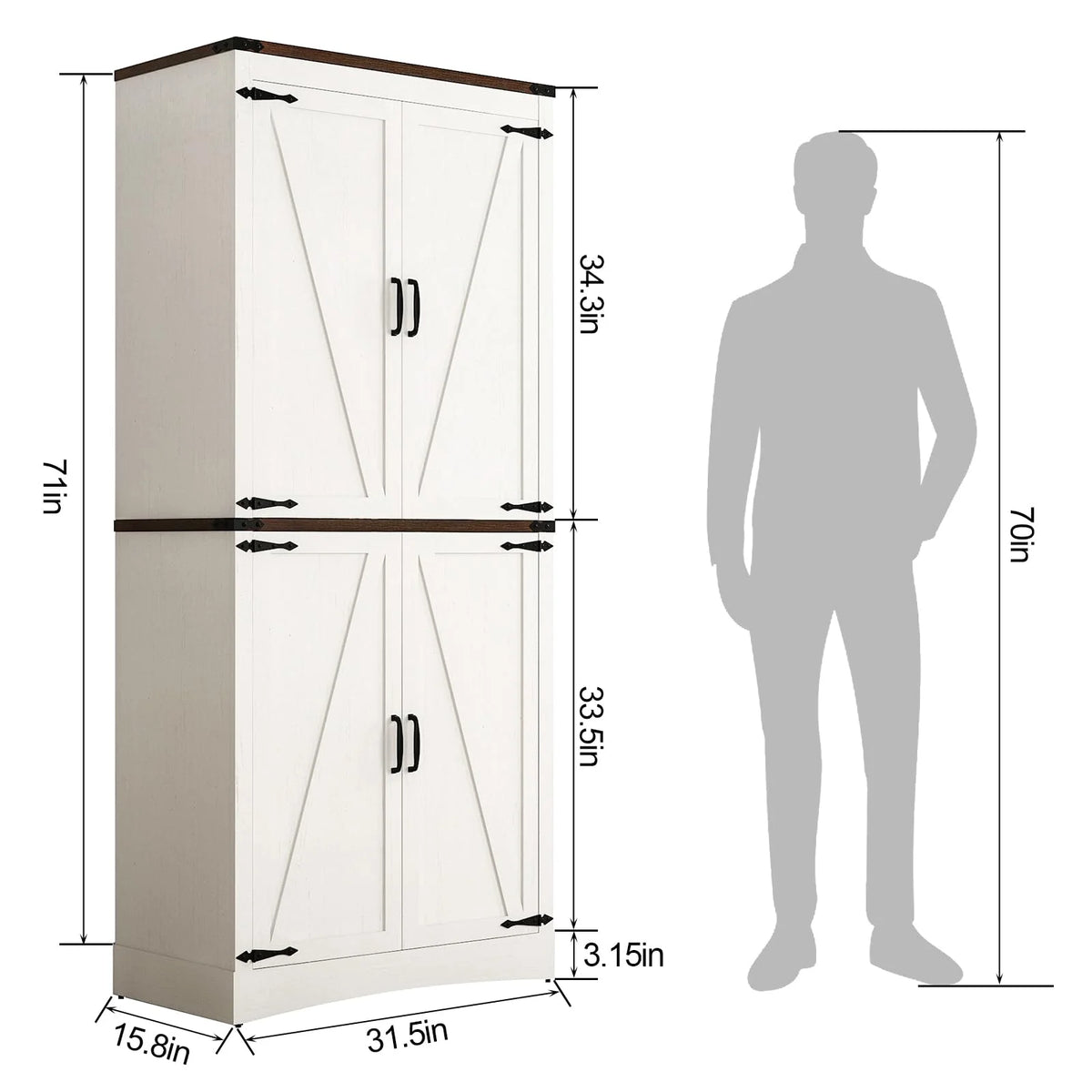 71" Tall Farmhouse Kitchen Pantry Cabinet, 5 Layers Storage Cabinet with Adjustable Shelves, Farmhouse Pantry Cabinet with 4 Barn Doors for Kitchen, Dining Room, Bathroom, Living Room, Rustic White