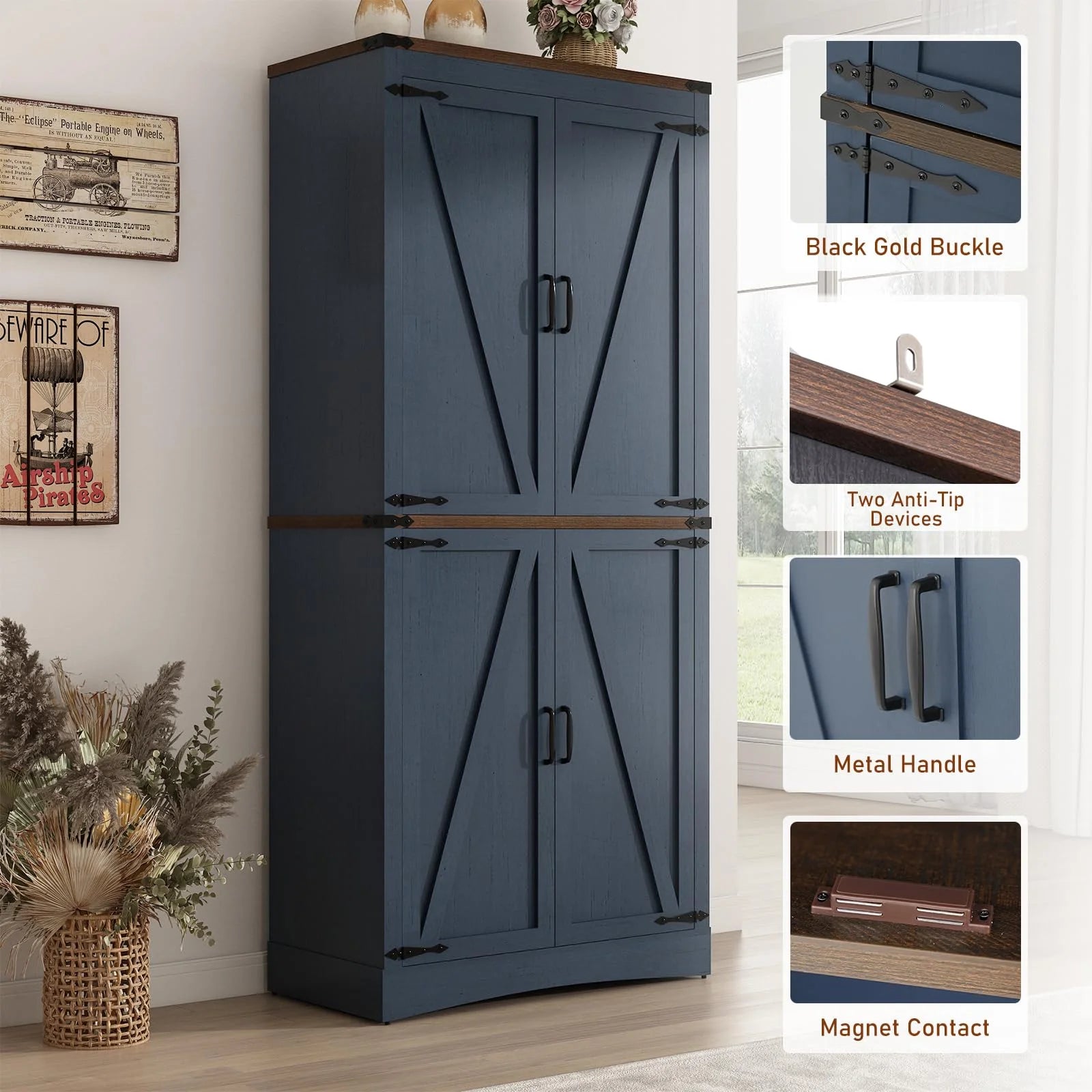 71" Tall Farmhouse Kitchen Pantry Cabinet, 5 Layers Storage Cabinet with Adjustable Shelves, Farmhouse Pantry Cabinet with 4 Barn Doors for Kitchen, Dining Room, Bathroom, Living Room, Rustic White