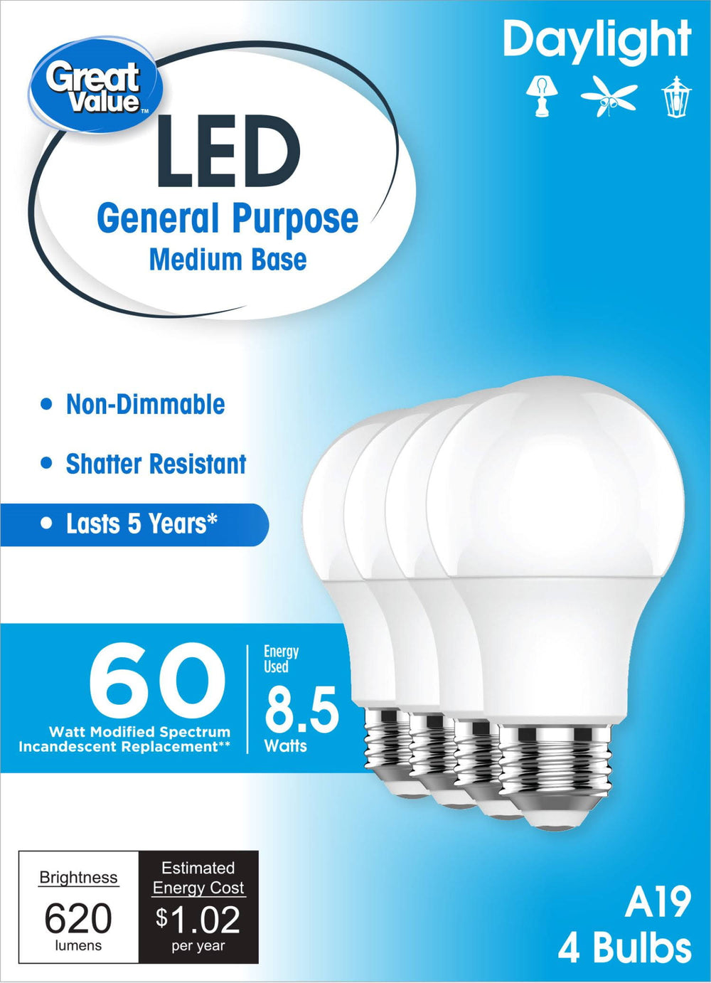 Great Value LED Light Bulbs, 60 Watts Eqv, Daylight, A19 General Purpose Light Bulbs, 5YR, 4pk 93131086