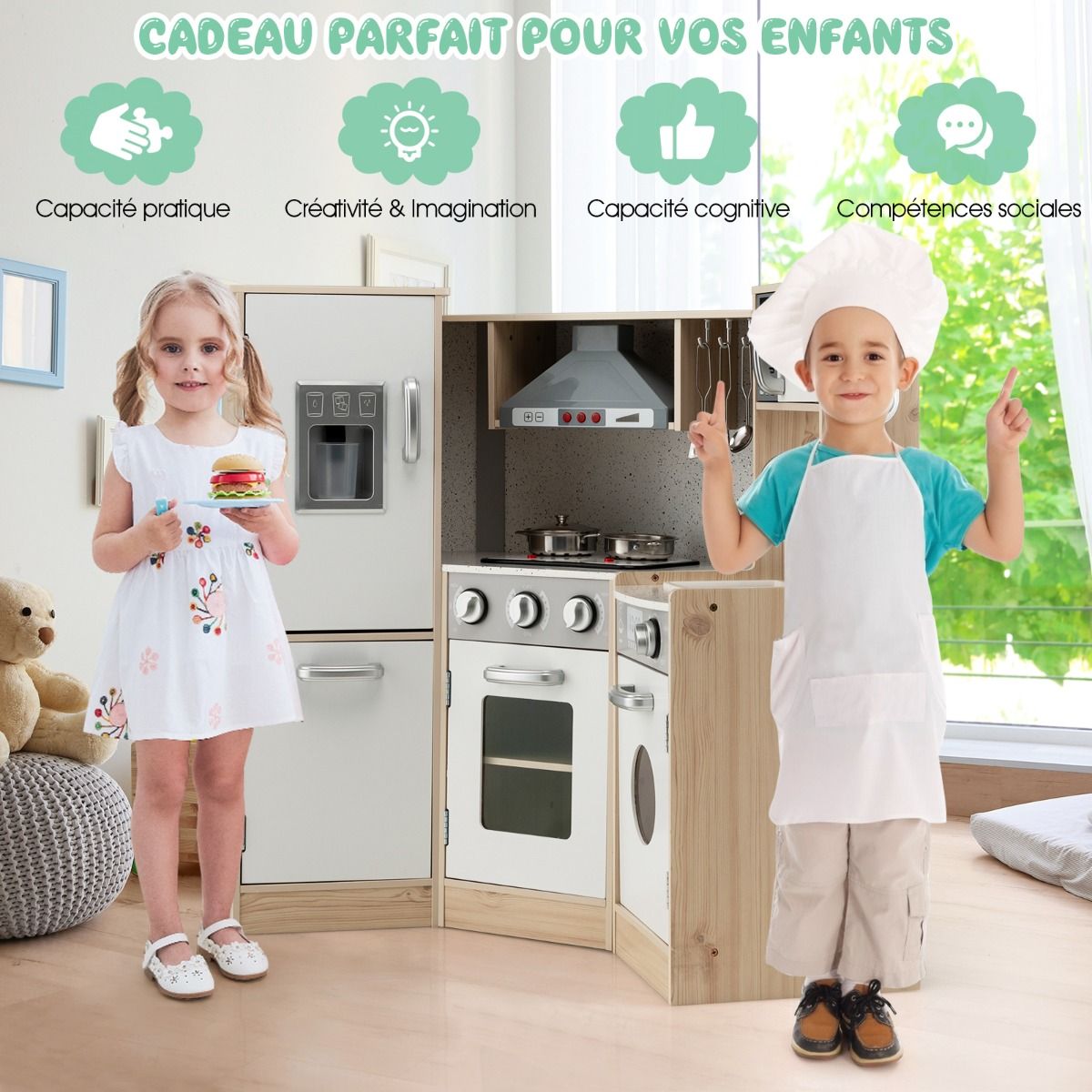 Wooden Children's Kitchen XXL Angle 105 x 49 x 85 cm (L x W x H) Complete Kitchen with Oven Washing Machine 3 Years+ -