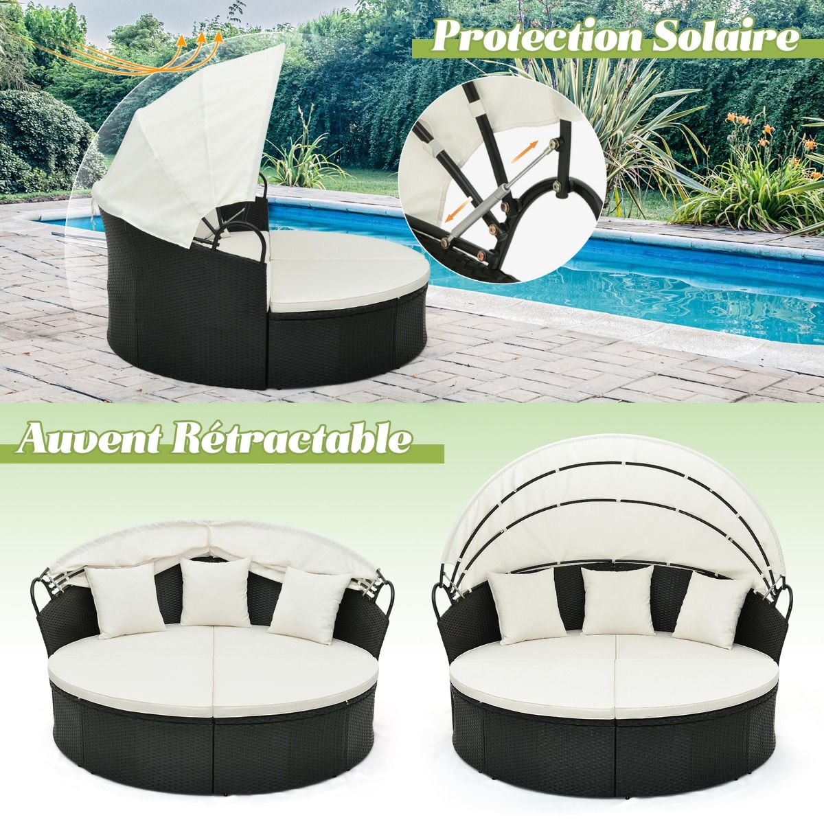 Round Garden Sofa Bed in PE Rattan Retractable Awning Removable Cushions and Pillows Modular Garden Furniture White -