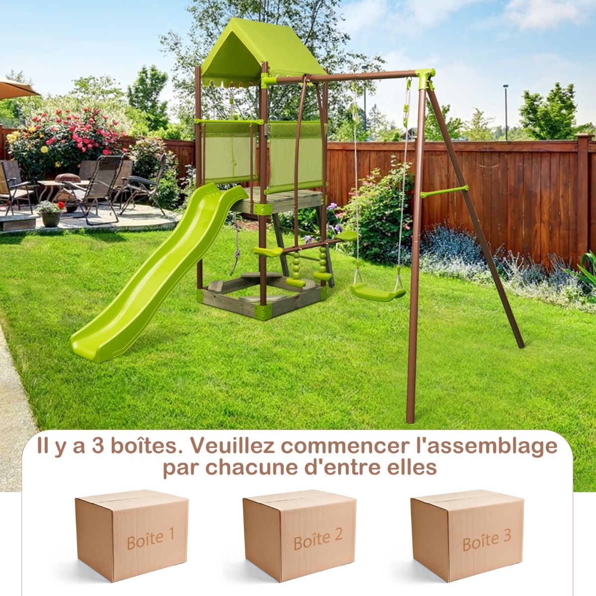 7-in-1 Swing Metal Playground with Strong Canopy Height Adjustable Climbing Rope Sandbox Slider Corrugated Slide Green -
