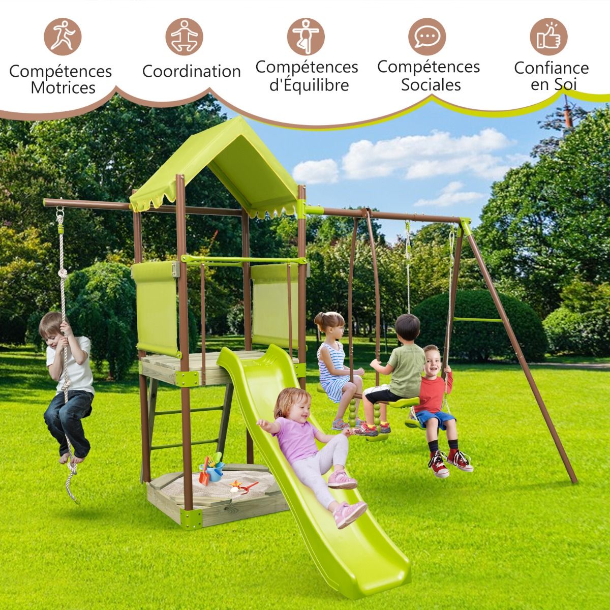7-in-1 Swing Metal Playground with Strong Canopy Height Adjustable Climbing Rope Sandbox Slider Corrugated Slide Green -