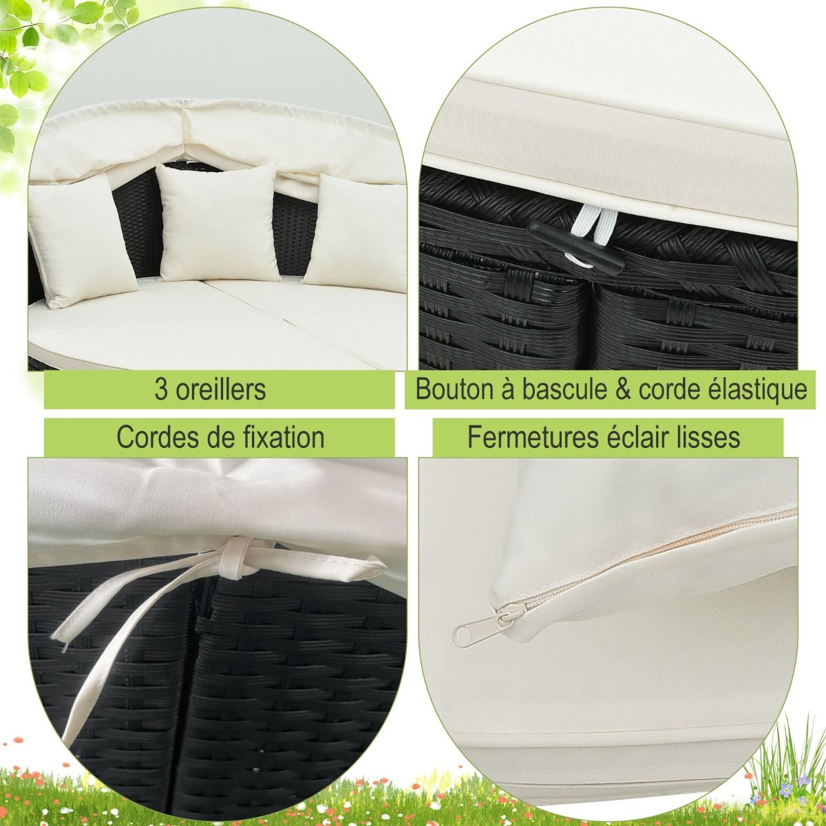 Round Garden Sofa Bed in PE Rattan Retractable Awning Removable Cushions and Pillows Modular Garden Furniture White -