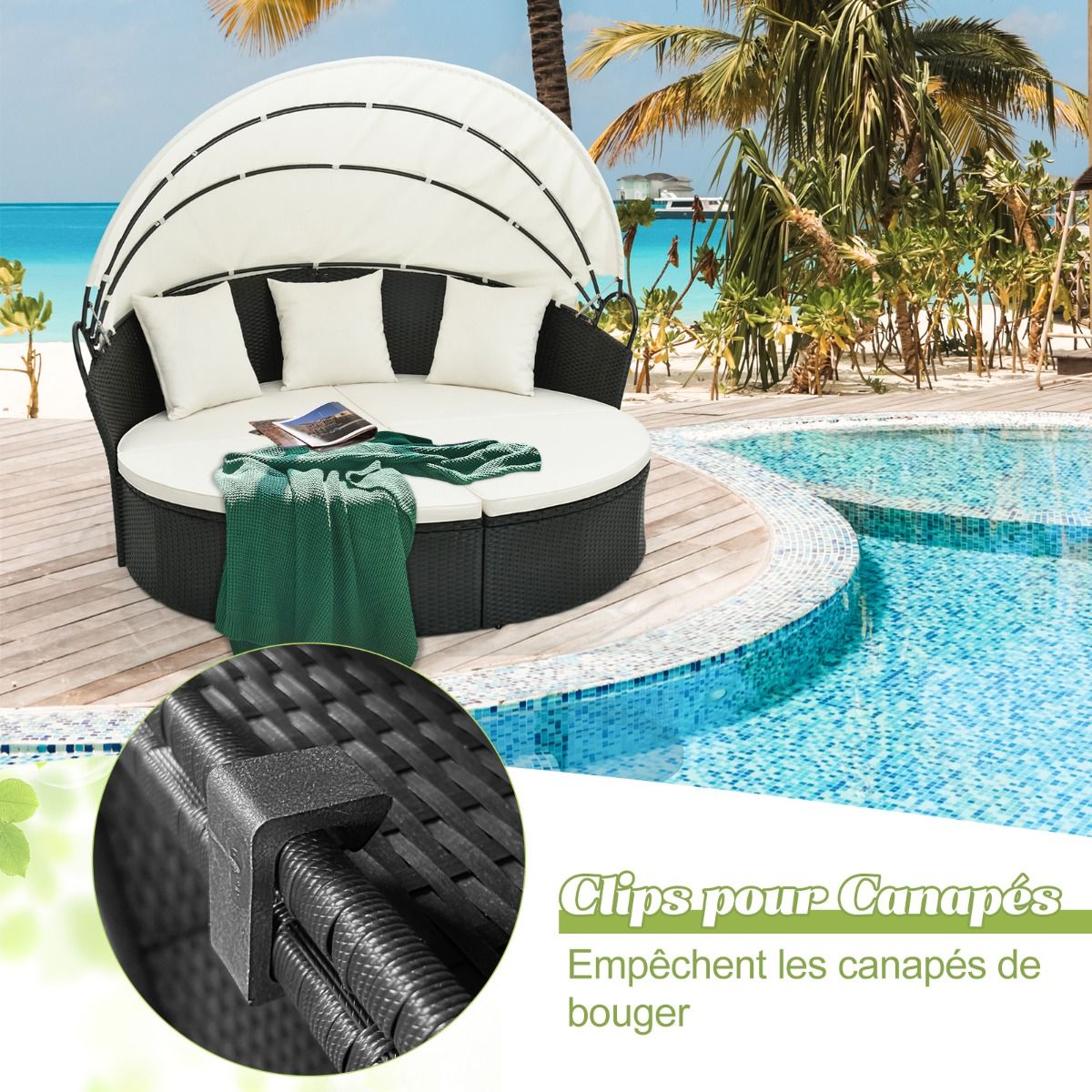Round Garden Sofa Bed in PE Rattan Retractable Awning Removable Cushions and Pillows Modular Garden Furniture White -