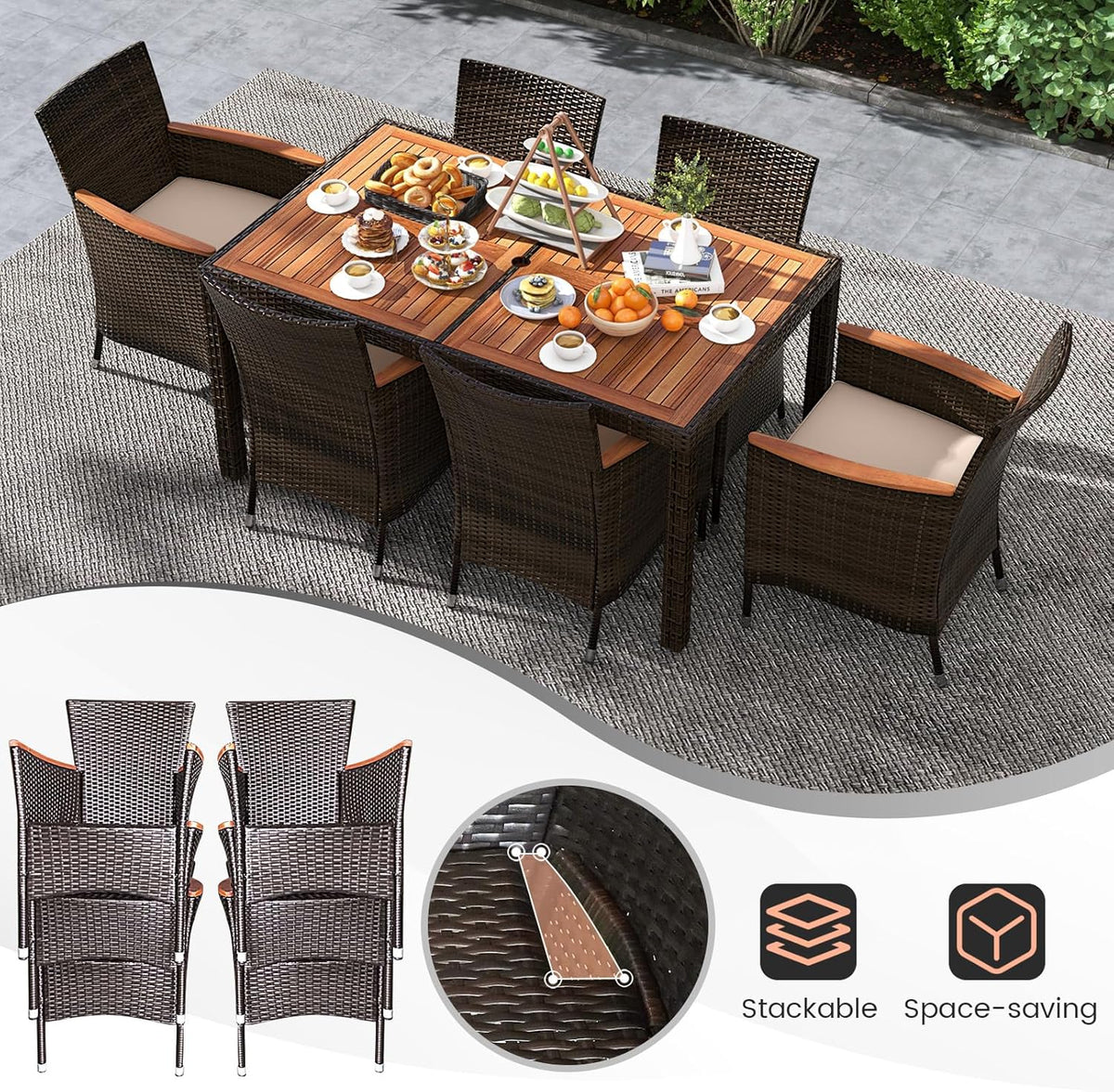 GIANTEX Garden Furniture Set for 6 People in Rattan and Acacia Wood, Outdoor Garden Table with 6 Chairs, Cushions, Parasol Hole, Adjustable Feet, for Courtyard, Picnic, Brown