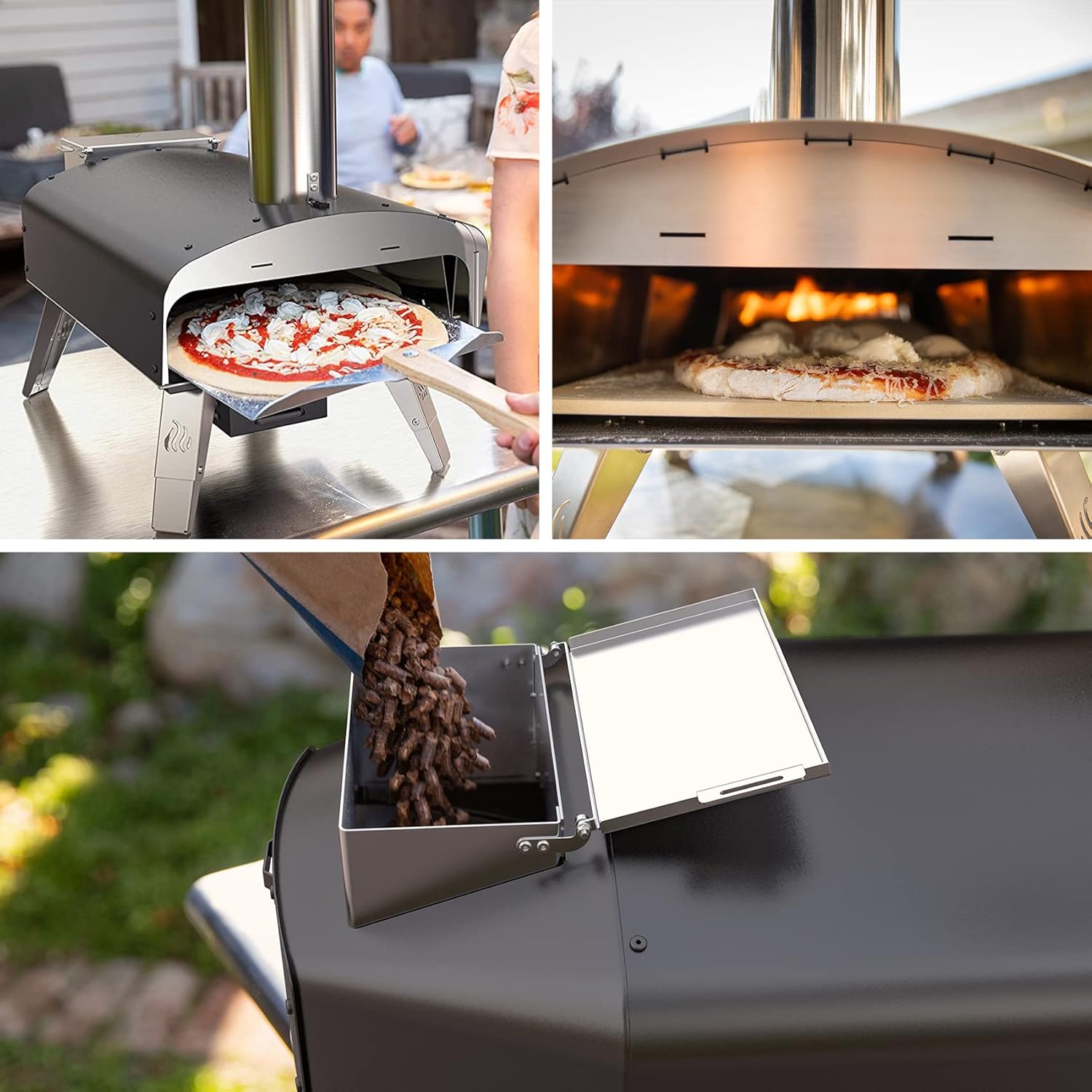 Mimiuo Black Pizza Oven with Charcoal Pellet, Premium Wood Oven for Garden with Automatic Rotation System, with Shovel and Pizza Stone (Tisserie W-Oven Series)
