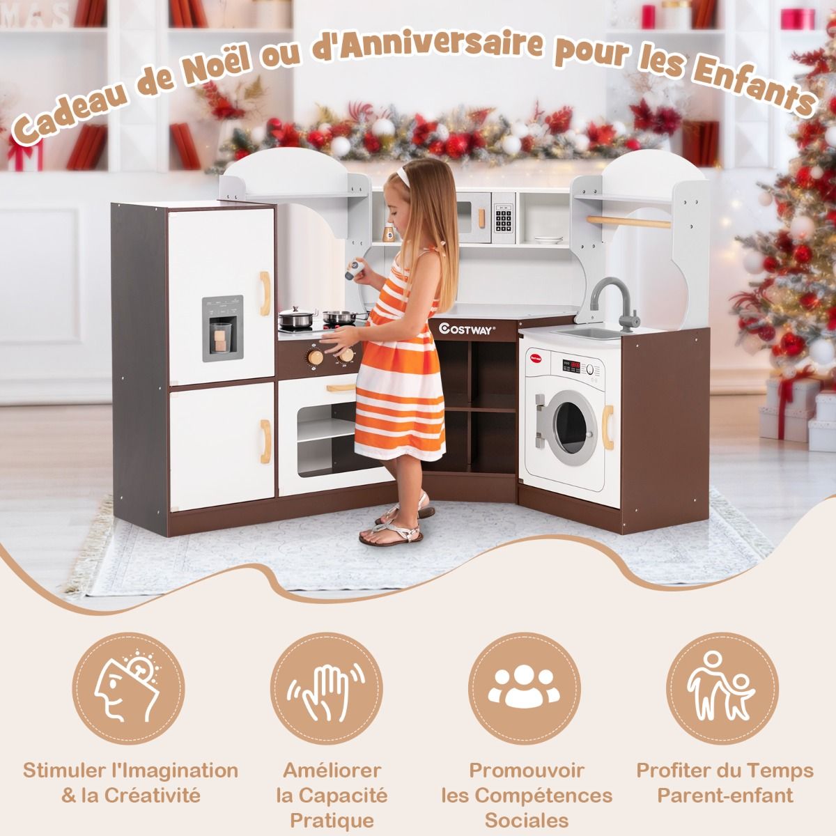 Corner Kitchen Game for Children Ages 3 and Up Wooden Ice Maker Napkin Holder Accessories Sound and Light Effects -