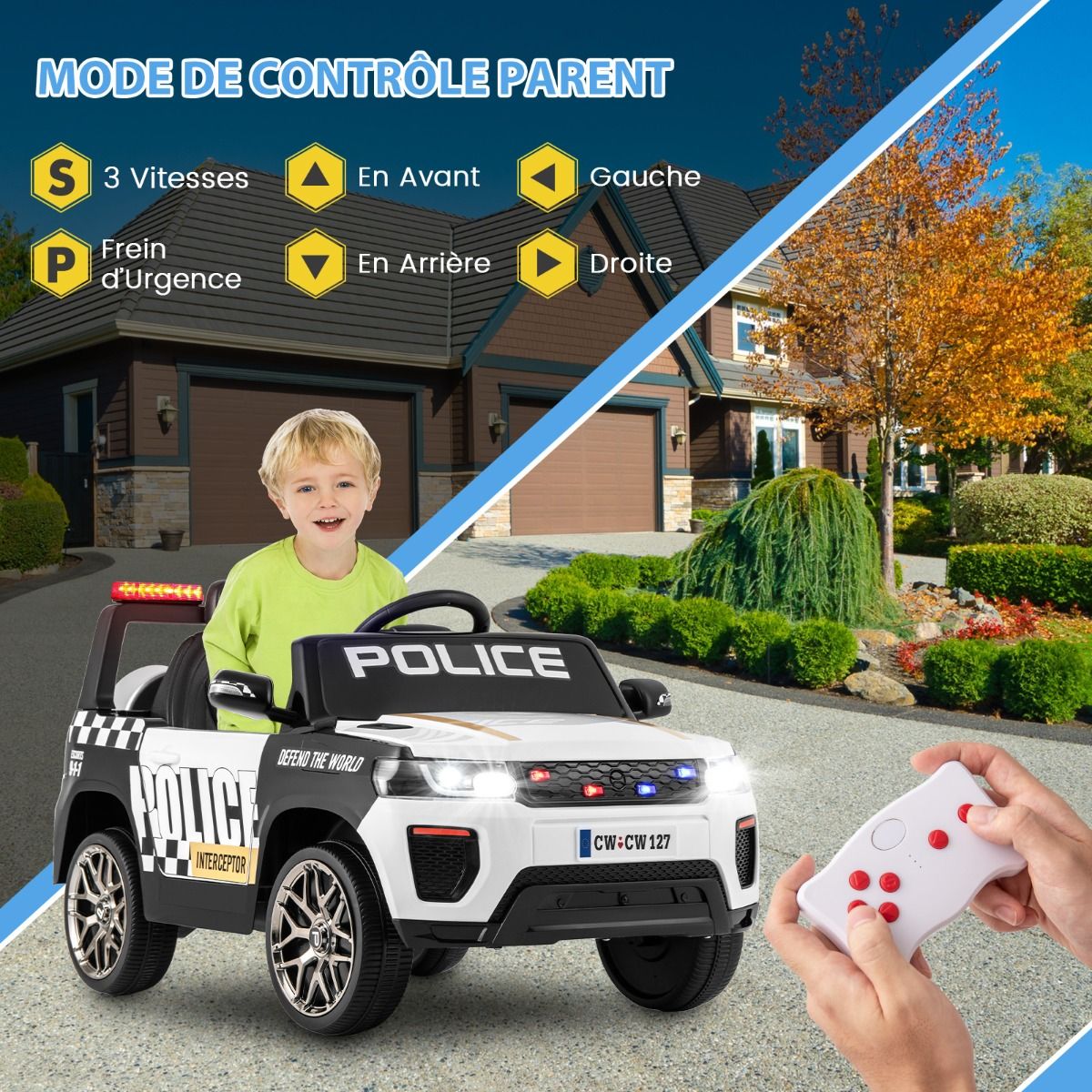 Electric Police Car Battery Powered 12V/7A Remote Control Wireless Connection Music Horn Siren LED Lights White -