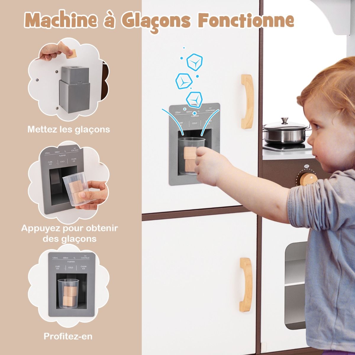 Corner Kitchen Game for Children Ages 3 and Up Wooden Ice Maker Napkin Holder Accessories Sound and Light Effects -