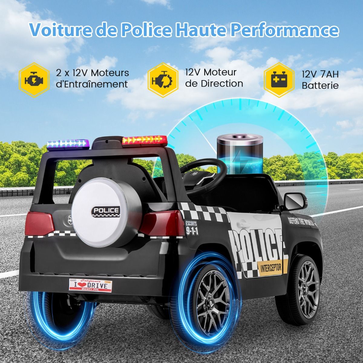 Electric Police Car Battery Powered 12V/7A Remote Control Wireless Connection Music Horn Siren LED Lights White -