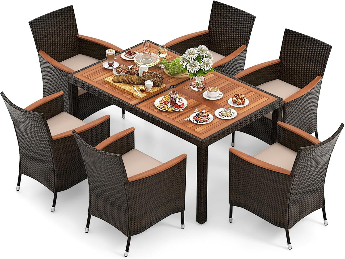 GIANTEX Garden Furniture Set for 6 People in Rattan and Acacia Wood, Outdoor Garden Table with 6 Chairs, Cushions, Parasol Hole, Adjustable Feet, for Courtyard, Picnic, Brown