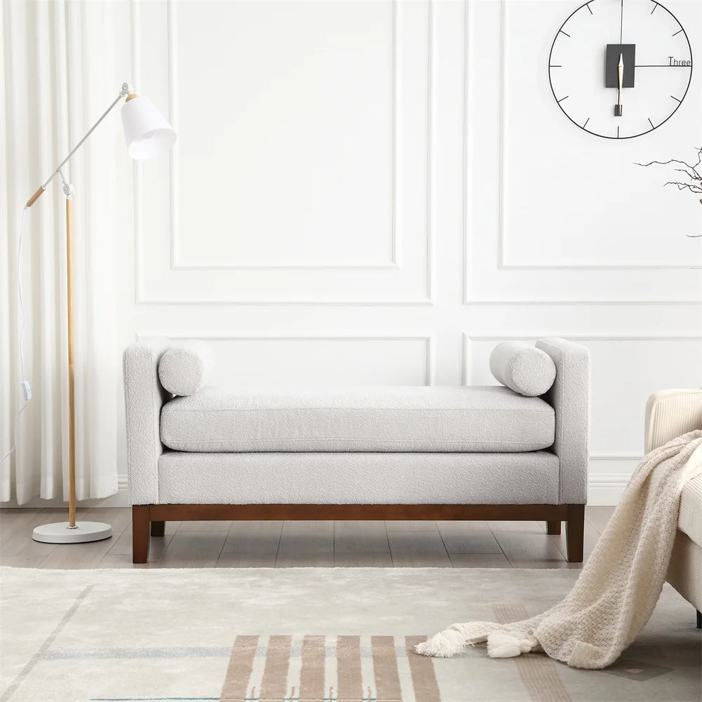 53.5"w Elegant Upholstered Bench with Wood Legs & Round Pillows, Comfy Boucle Fabric Footrest with Arms - Product image 12