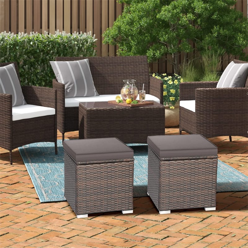 2PCS Wicker Outdoor Storage Ottomans with Removable Cushions, Multipurpose PE Rattan Footrest Side Table - Product image 27