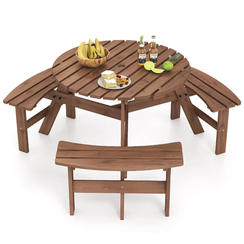 6-Person Round Wood Picnic Table Set with 3 Built-in Benches & 2" Umbrella Hole, Holds 1850 LBS - Product image 1