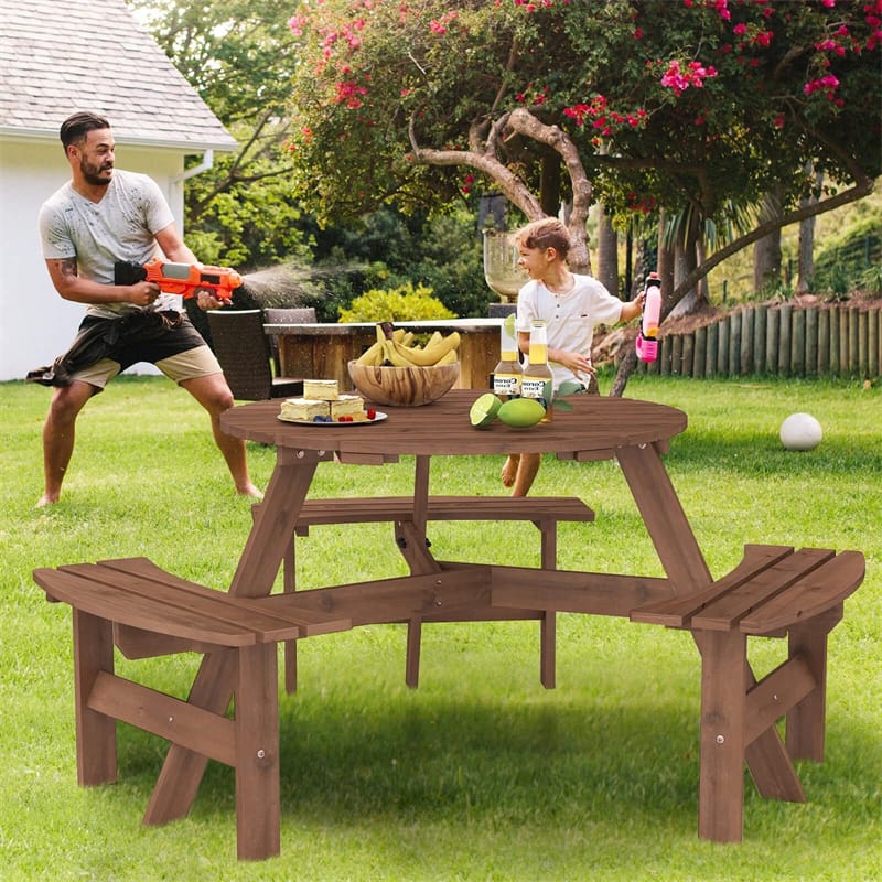 6-Person Round Wood Picnic Table Set with 3 Built-in Benches & 2" Umbrella Hole, Holds 1850 LBS - Product image 10