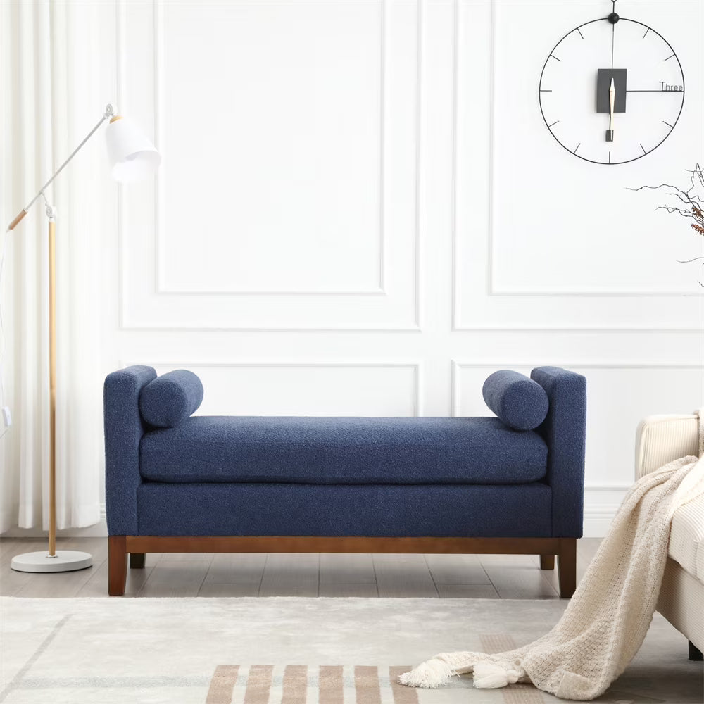 53.5"w Elegant Upholstered Bench with Wood Legs & Round Pillows, Comfy Boucle Fabric Footrest with Arms - Product image 11