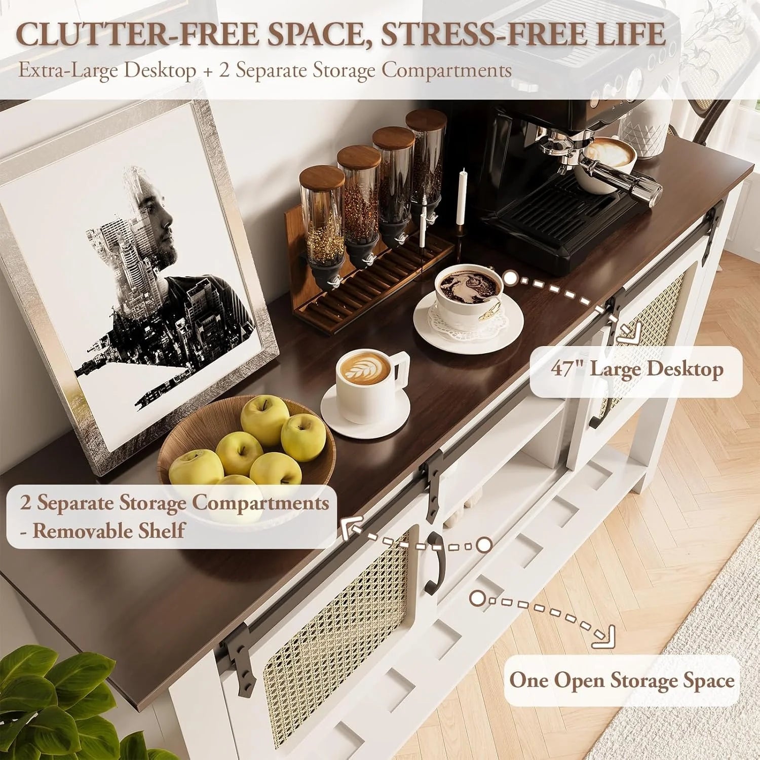 AECOJOY Buffet Cabinet, Coffee Bar Storage Cabinet, 46'' Coffee Bar Table with Rattan Sliding Barn Door - Product image 11