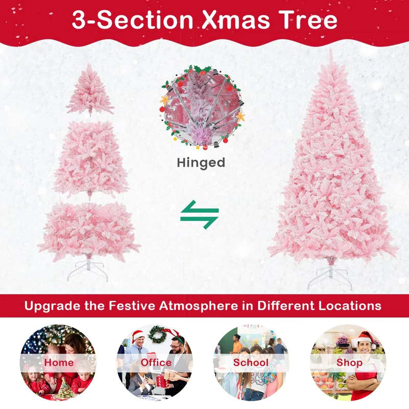 7 FT Pre-lit Pink Artificial Christmas Tree, Hinged Snow Flocked Holiday Tree with 1200 Tips - Product image 6