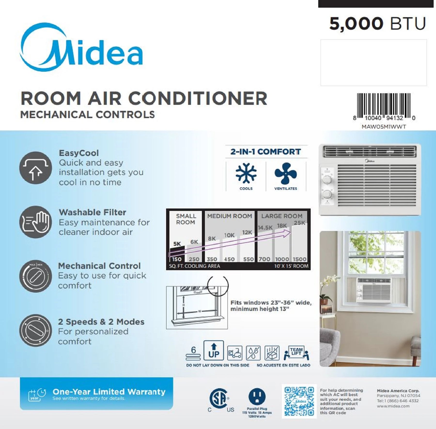 Midea 5, 000 BTU 150 Sq Ft Mechanical Window Air Conditioner, White, MAW05M1WWT, New