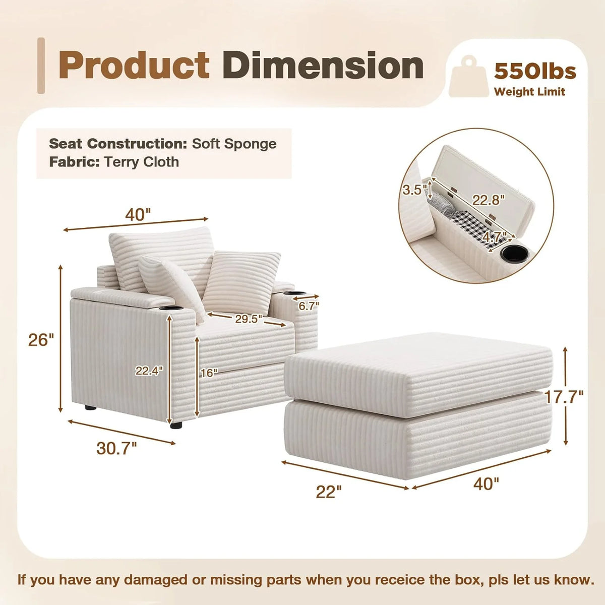 AECOJOY Chaise Lounge Chair Indoor, Oversized Sleeper Chair with Ottoman, Comfy Reading Sofa Armchair - Product image 12