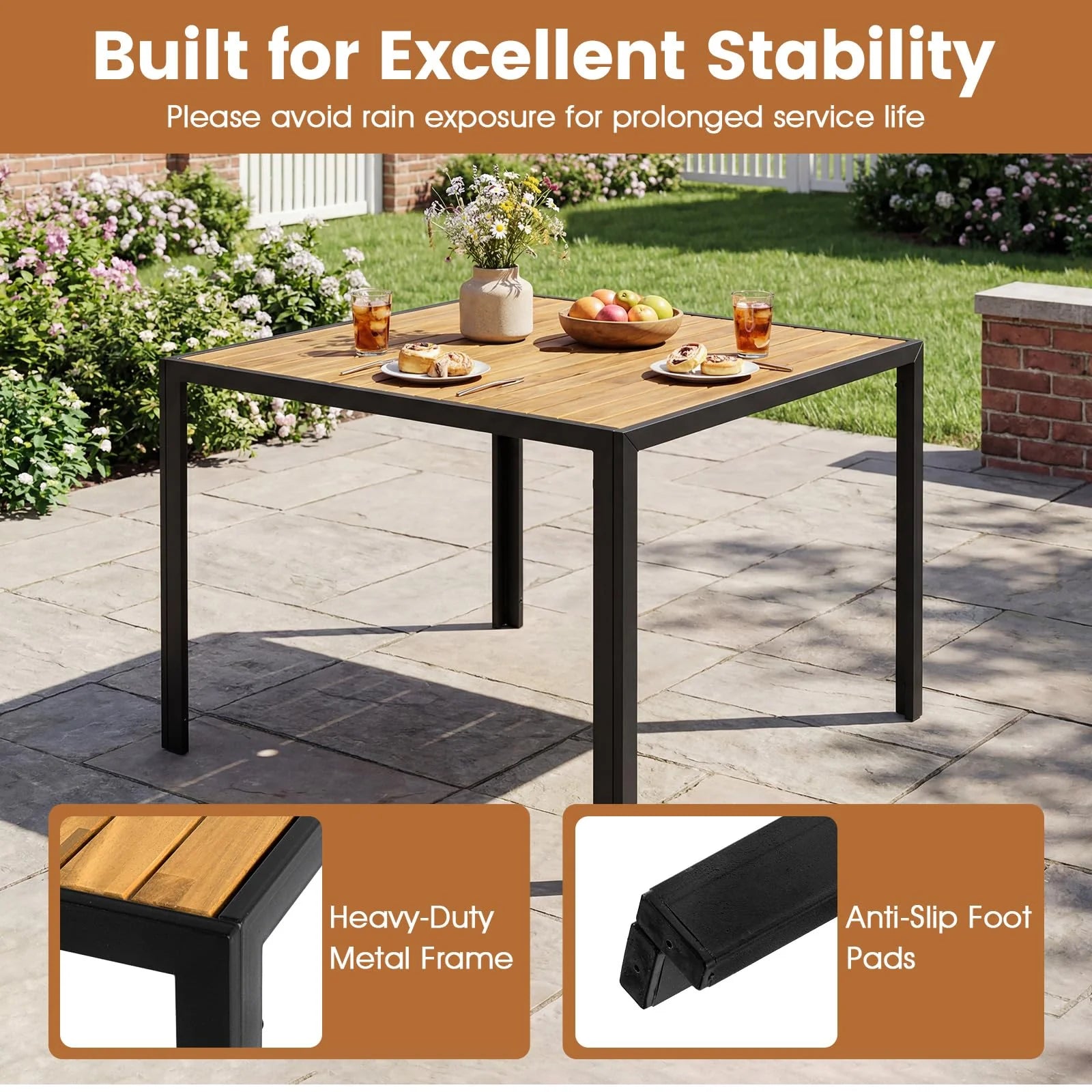 Tangkula 36" Square Acacia Wood Patio Dining Table 1.97" Umbrella Hole and Heavy Duty Metal Frame - Product image 7