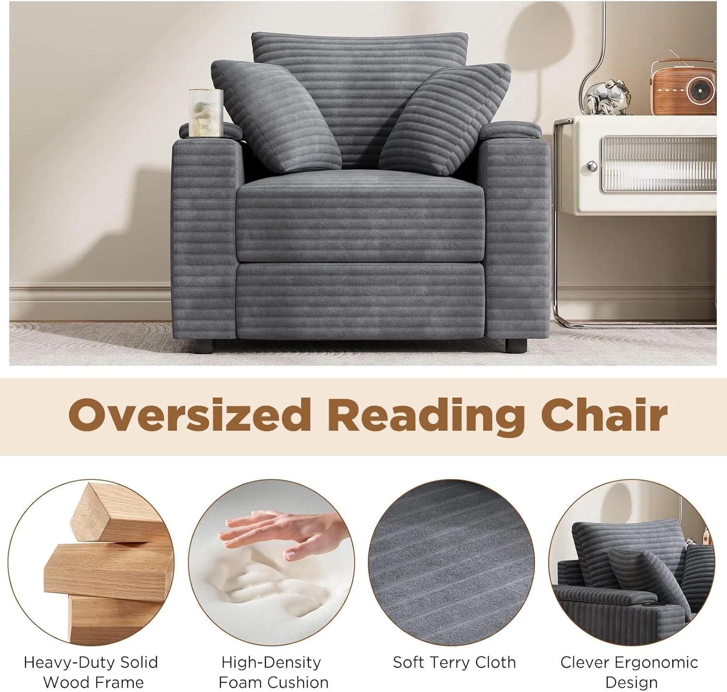 AECOJOY Chaise Lounge Chair Indoor, Oversized Sleeper Chair with Ottoman, Comfy Reading Sofa Armchair - Product image 6