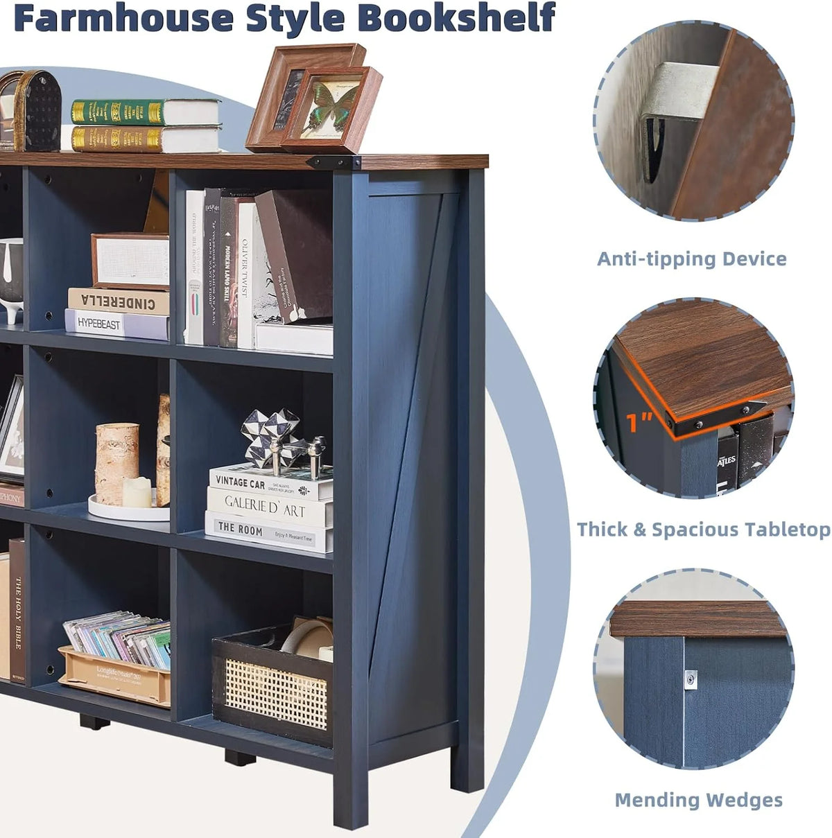9 Cube Bookcase, Farmhouse 47 in Wide Navy Blue Bookshelf, Wooden 3 Tier Display Large Open Book Shelf - Product image 7
