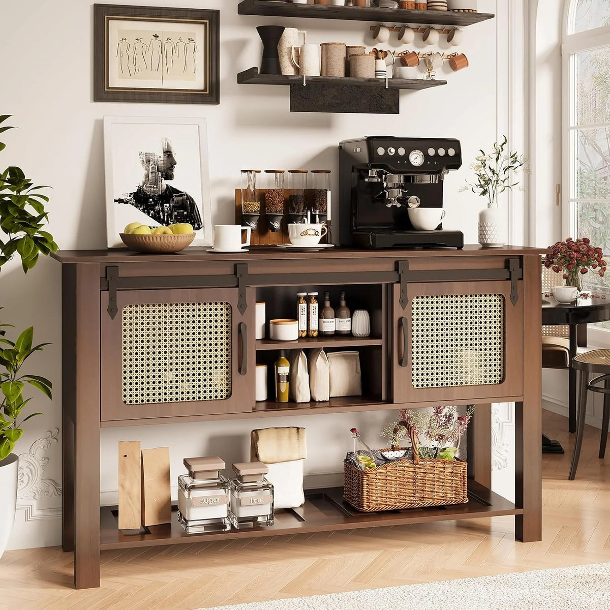 AECOJOY Buffet Cabinet, Coffee Bar Storage Cabinet, 46'' Coffee Bar Table with Rattan Sliding Barn Door - Product image 7