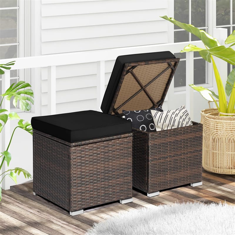 2PCS Wicker Outdoor Storage Ottomans with Removable Cushions, Multipurpose PE Rattan Footrest Side Table - Product image 40