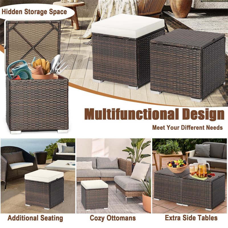 2PCS Wicker Outdoor Storage Ottomans with Removable Cushions, Multipurpose PE Rattan Footrest Side Table - Product image 54