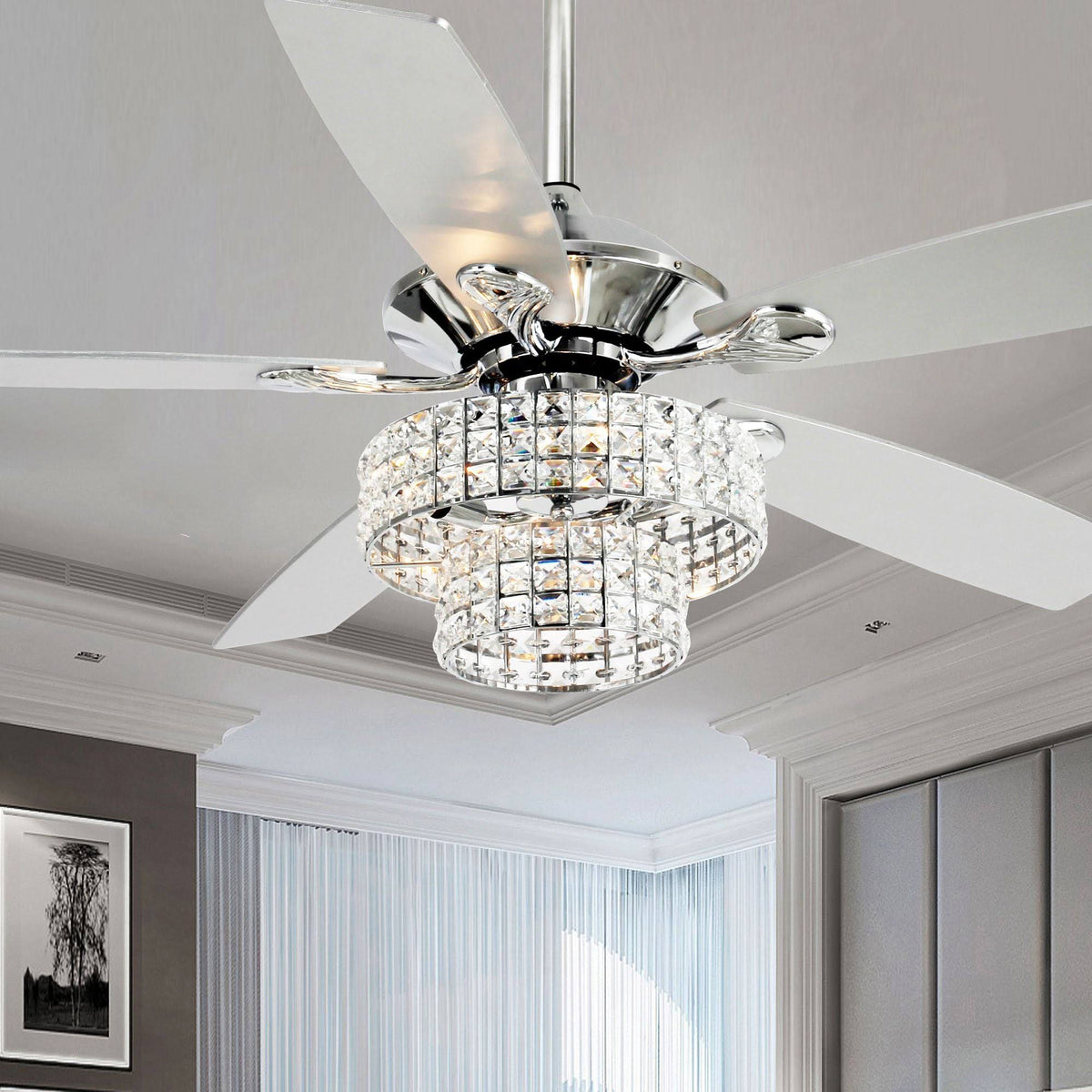 Parrot Uncle F6215A110V Howell 52 in. Indoor Chrome Downrod Mount Crystal Chandelier Ceiling Fan with Light - Product image 1