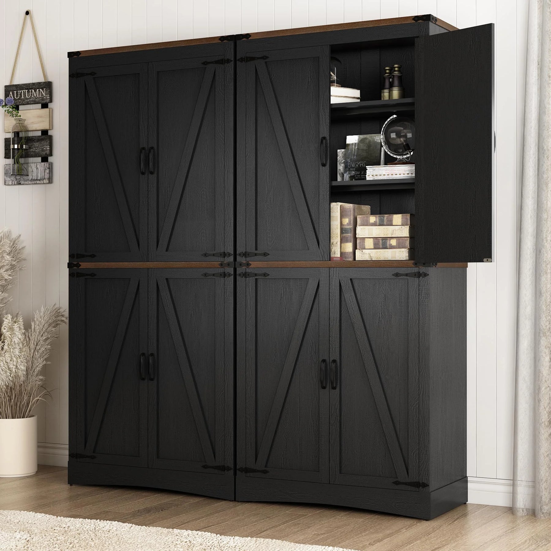 71" Tall Farmhouse Kitchen Pantry Cabinet, 5 Layers Storage Cabinet with Adjustable Shelves, Farmhouse Pantry Cabinet with 4 Barn Doors for Kitchen, Dining Room, Bathroom, Living Room, Rustic White