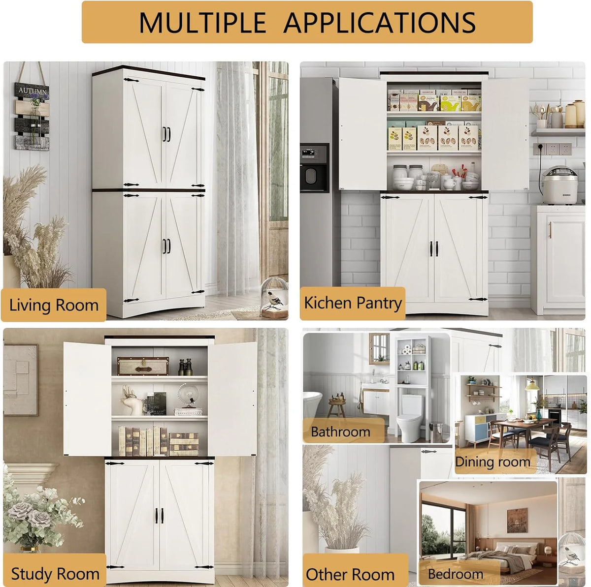 71" Tall Farmhouse Kitchen Pantry Cabinet, 5 Layers Storage Cabinet with Adjustable Shelves, Farmhouse Pantry Cabinet with 4 Barn Doors for Kitchen, Dining Room, Bathroom, Living Room, Rustic White