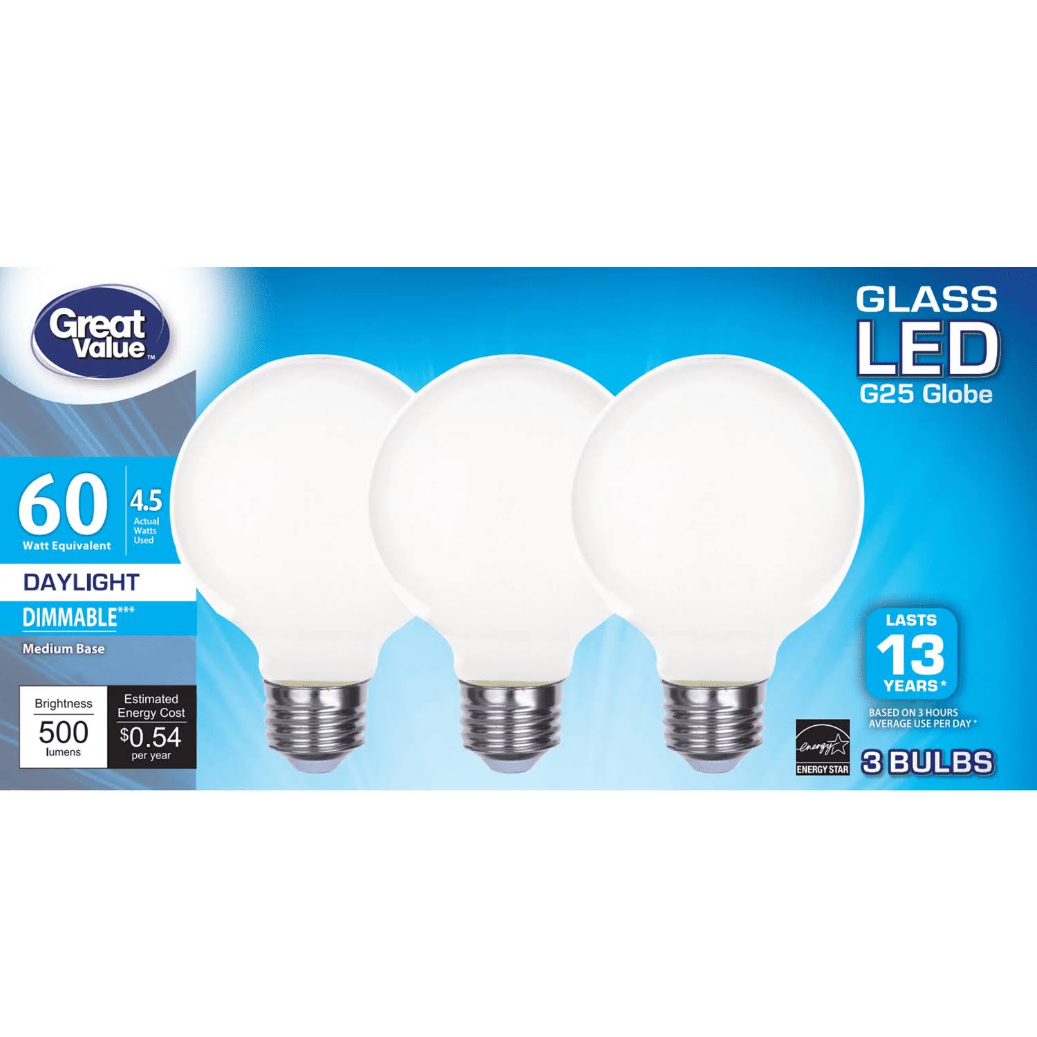 Great Value LED Bulb, 4.5-Watt (60W Equivalent) G25 Deco Bulbs E26 Base, Daylight, 3-Pack - Product image 1