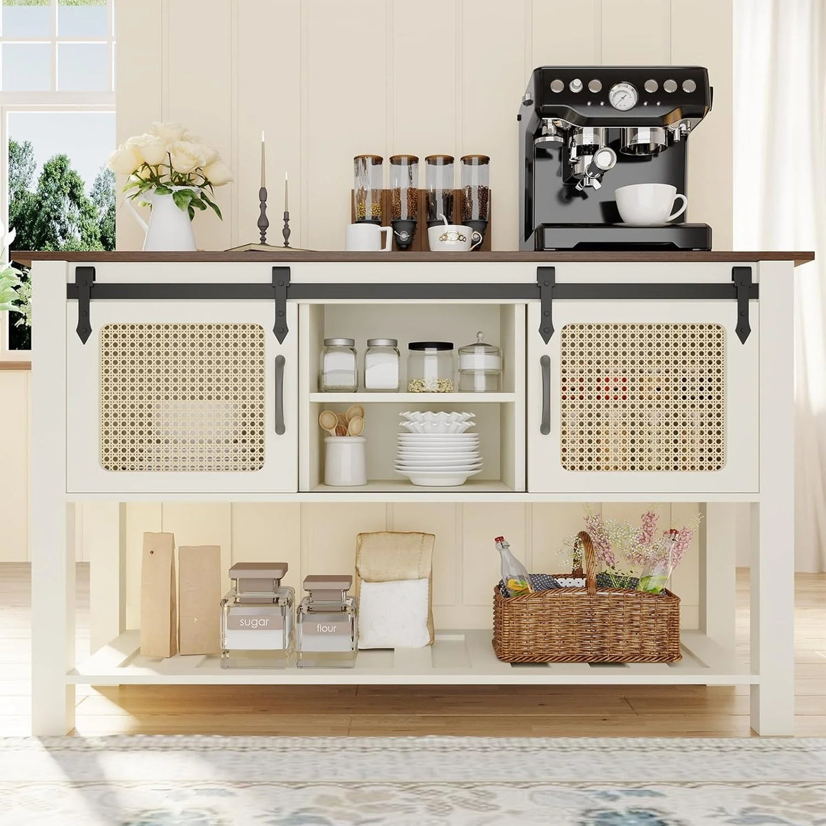 AECOJOY Buffet Cabinet, Coffee Bar Storage Cabinet, 46'' Coffee Bar Table with Rattan Sliding Barn Door - Product image 8