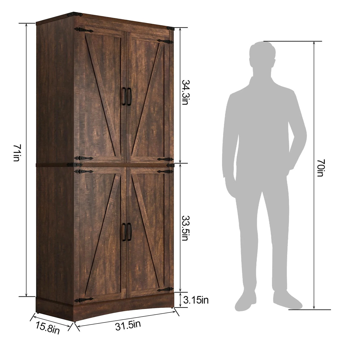 71" Tall Farmhouse Kitchen Pantry Cabinet, 5 Layers Storage Cabinet with Adjustable Shelves, Farmhouse Pantry Cabinet with 4 Barn Doors for Kitchen, Dining Room, Bathroom, Living Room, Rustic White