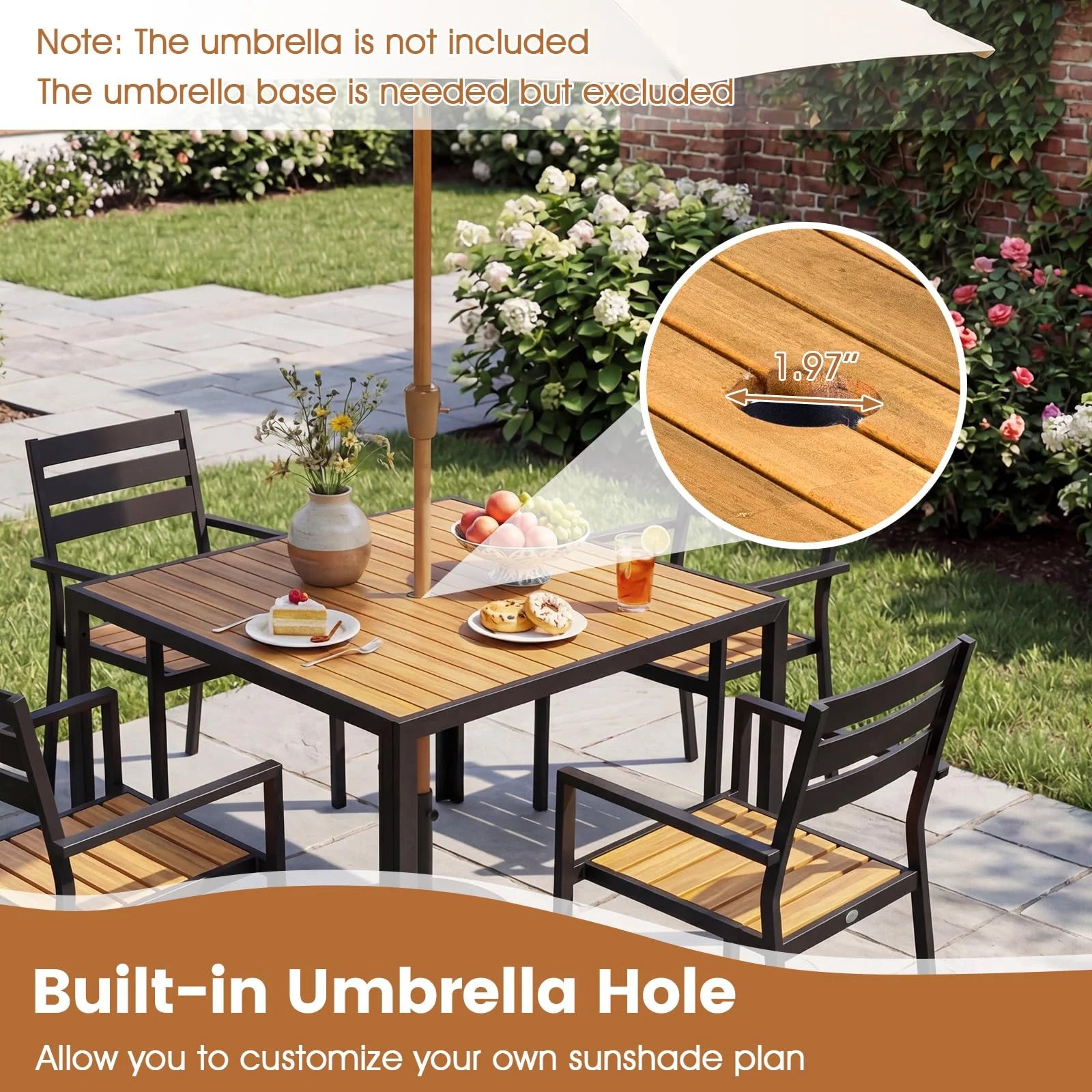 Tangkula 36" Square Acacia Wood Patio Dining Table 1.97" Umbrella Hole and Heavy Duty Metal Frame - Product image 5