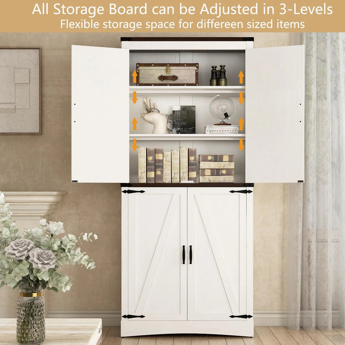 71" Tall Farmhouse Kitchen Pantry Cabinet, 5 Layers Storage Cabinet with Adjustable Shelves, Farmhouse Pantry Cabinet with 4 Barn Doors for Kitchen, Dining Room, Bathroom, Living Room, Rustic White