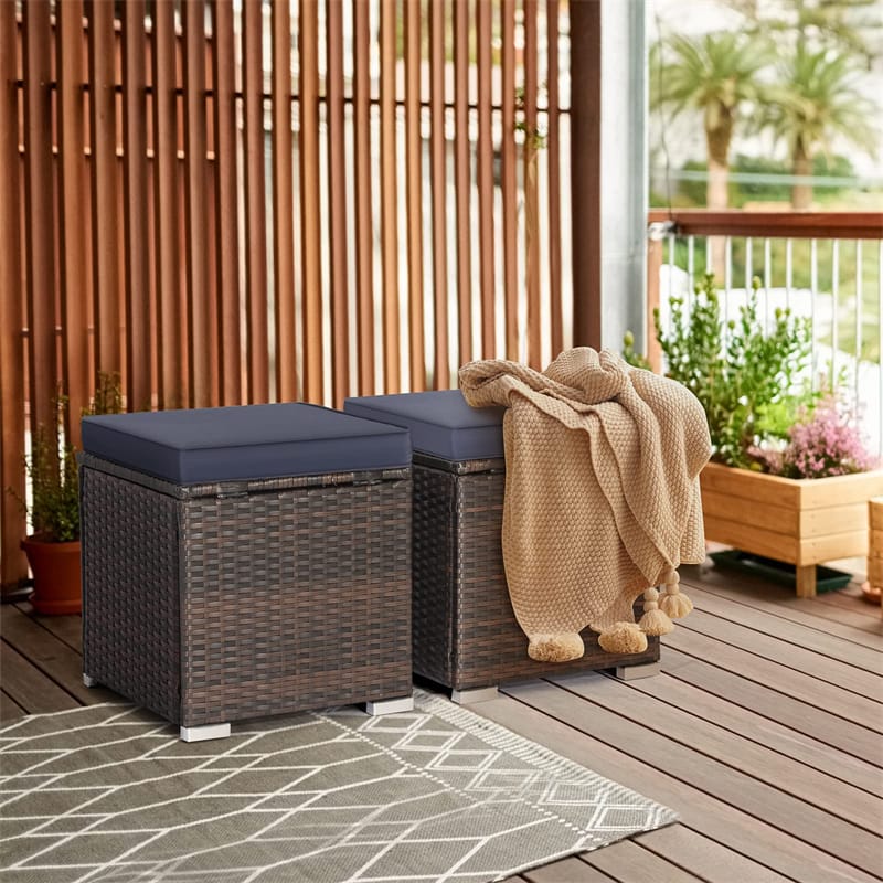 2PCS Wicker Outdoor Storage Ottomans with Removable Cushions, Multipurpose PE Rattan Footrest Side Table - Product image 12