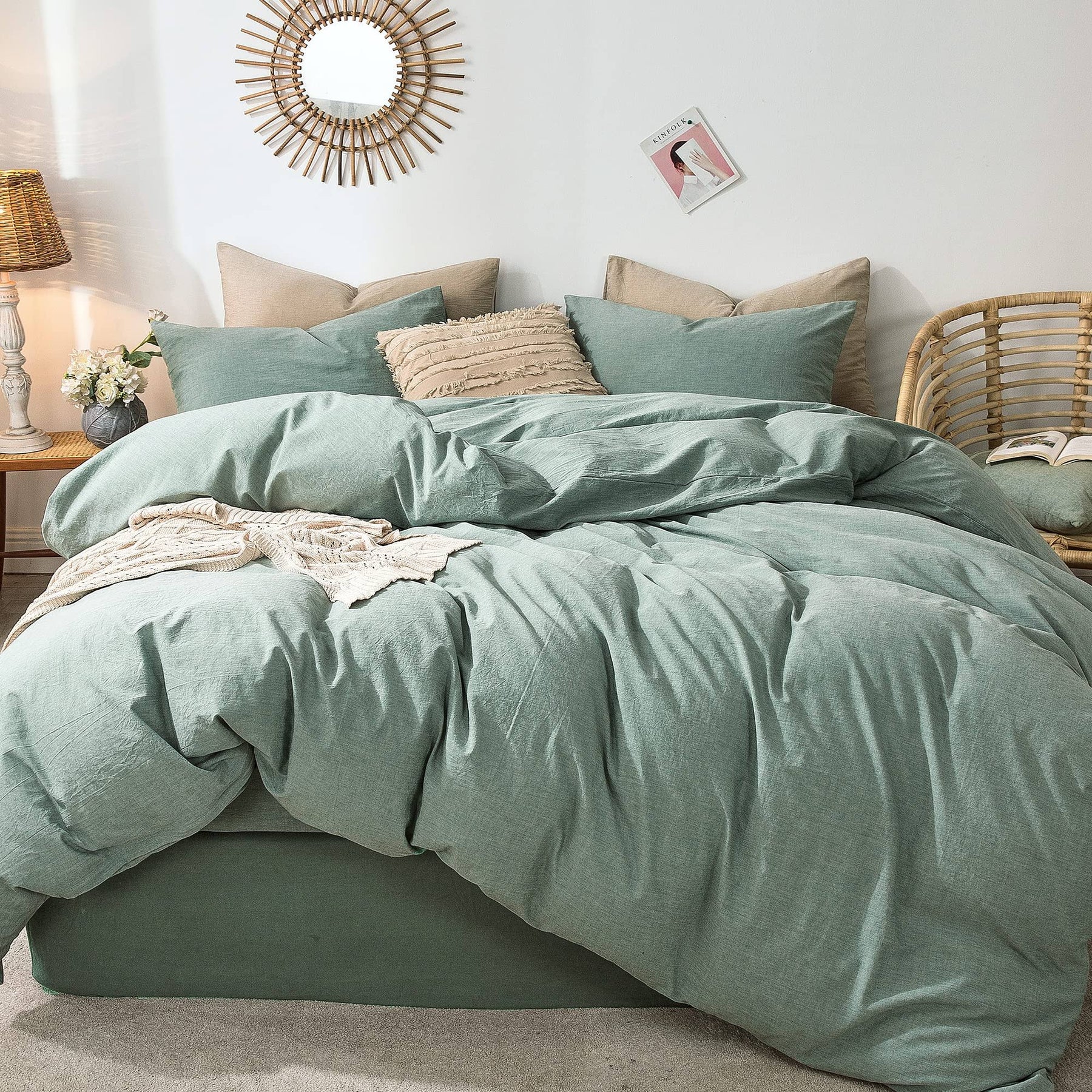 MooMee Bedding Duvet Cover Set 100% Washed Cotton Linen Like Textured Breathable Durable Soft Comfy (Green - Product image 1