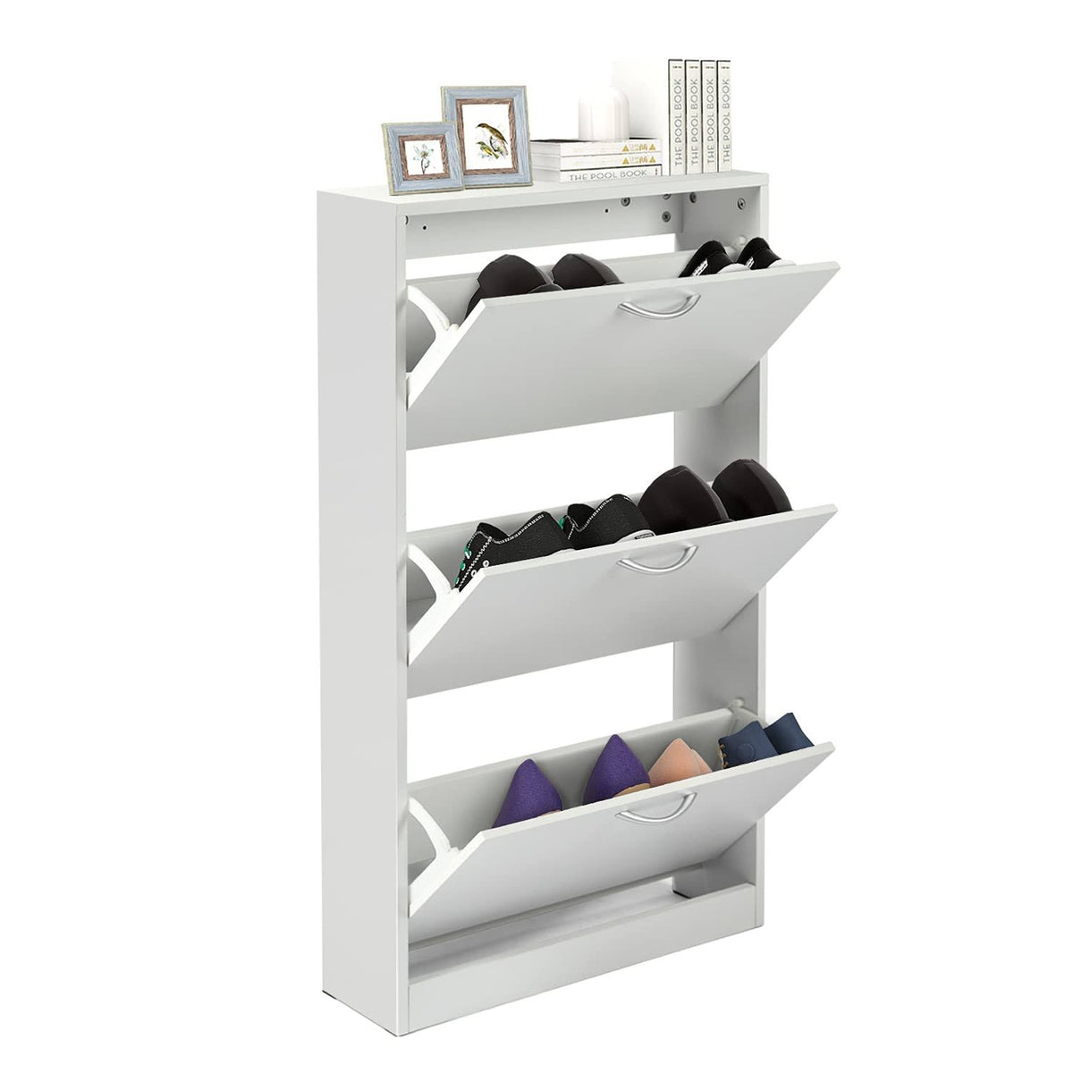 HOPUBUY Shoe Cabinet for Entryway, White Narrow Shoe Storage Cabinet Flip Down Shoe Rack Wood 3 Tier Shoe - Product image 1